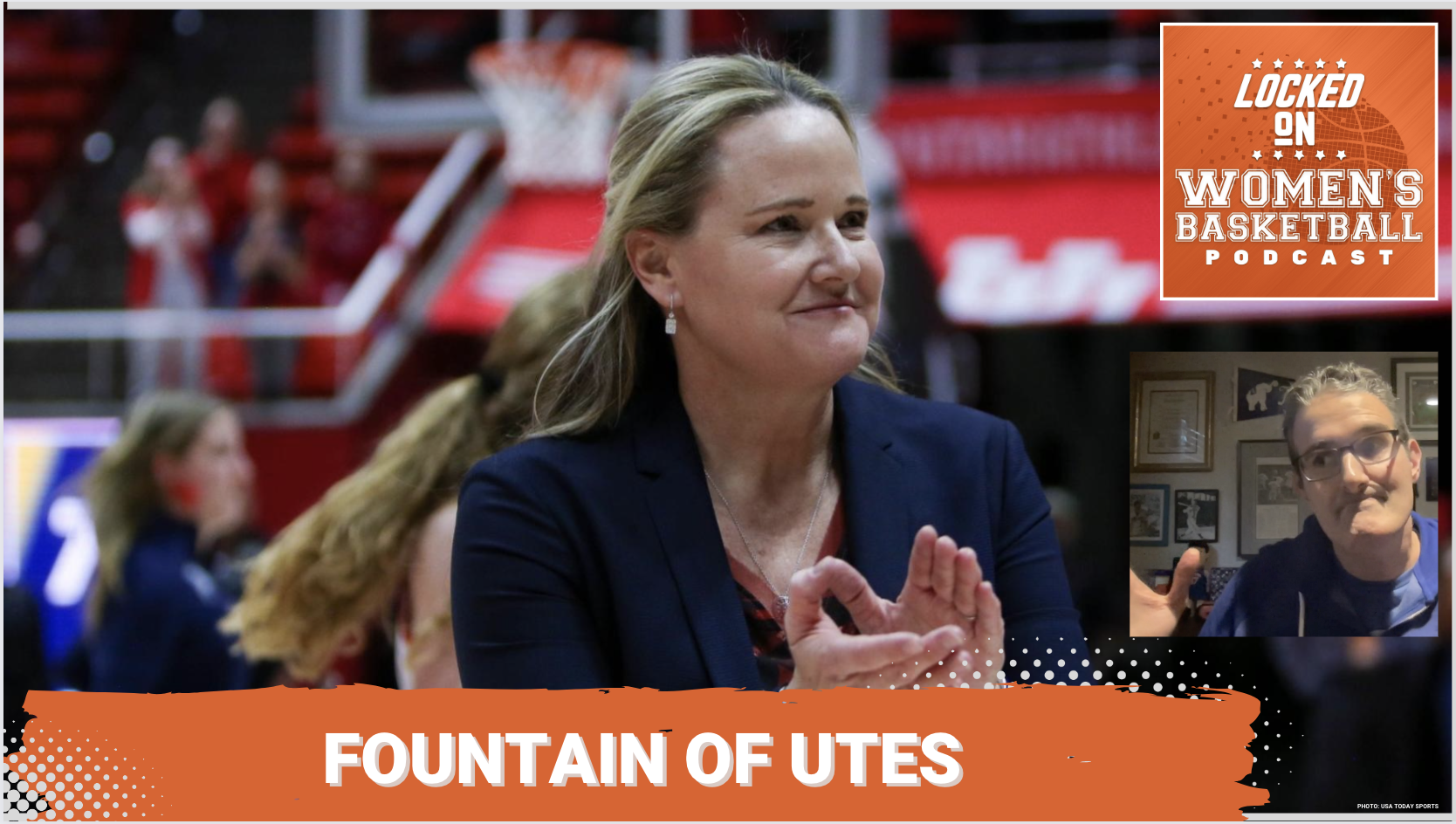 Graphic with a photo of Utah head coach Lynne Roberts clapping and smiling. Text overlay says: "Fountain of Utes"